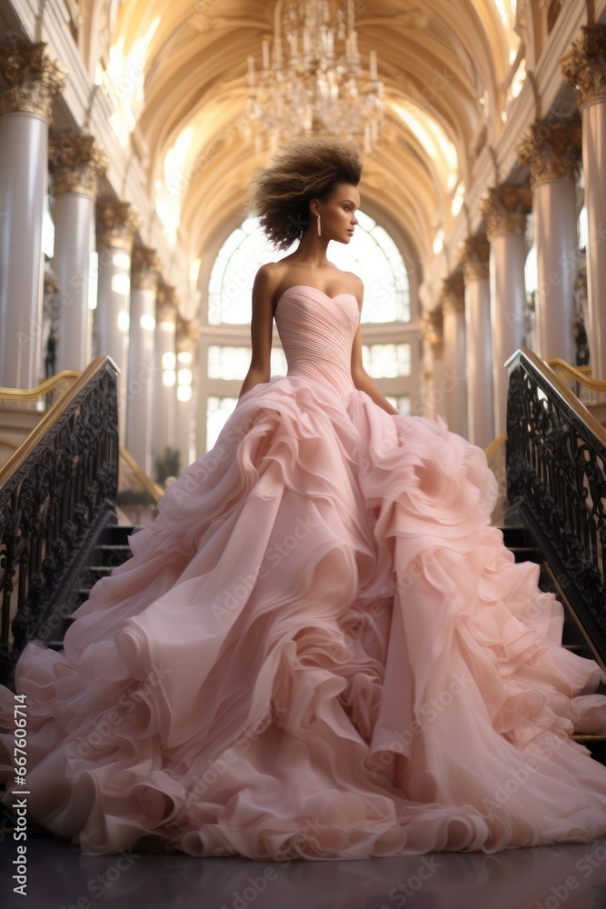 Beautiful woman descent donning a pastel pink wedding dress in a luxurious ballroom.