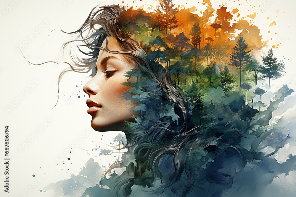 Abstract portraite of beautiful young woman. Double exposure of female with background of forest. Nature - resource of mental health. Autumn and winter eco style. Watercolor illustration - obrazy, fototapety, plakaty 