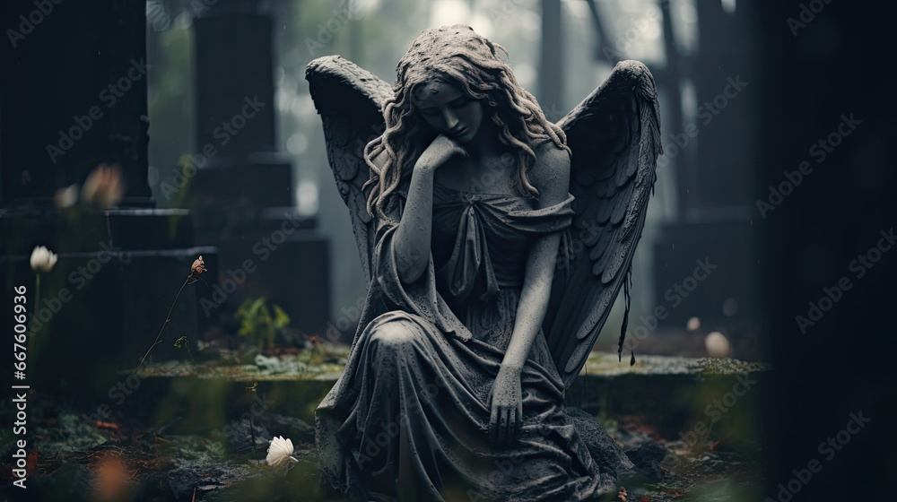 Sad angel statue at the cemetery. Funeral ceremony. 