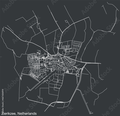 Detailed hand-drawn navigational urban street roads map of the Dutch city of ZIERIKZEE, NETHERLANDS with solid road lines and name tag on vintage background