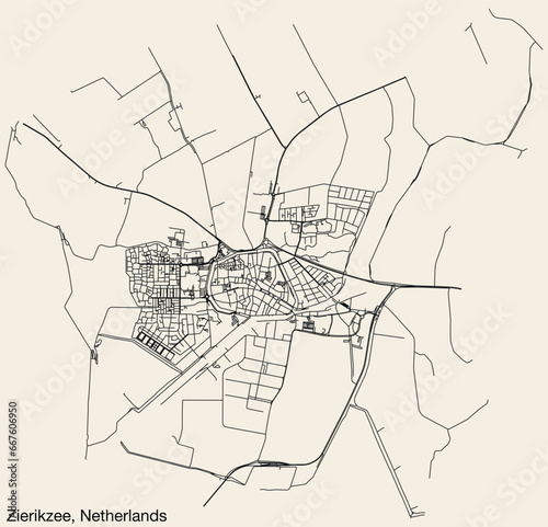 Detailed hand-drawn navigational urban street roads map of the Dutch city of ZIERIKZEE, NETHERLANDS with solid road lines and name tag on vintage background