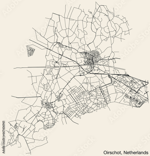 Detailed hand-drawn navigational urban street roads map of the Dutch city of OIRSCHOT, NETHERLANDS with solid road lines and name tag on vintage background