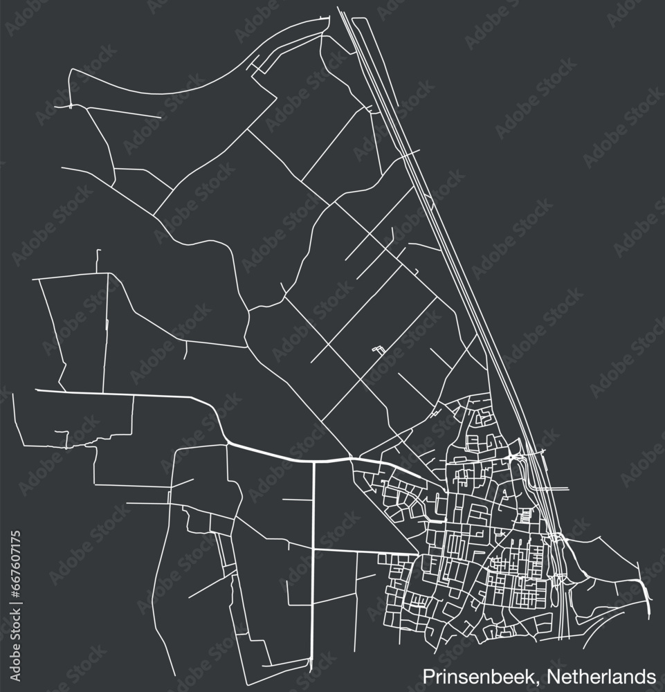 Detailed hand-drawn navigational urban street roads map of the Dutch city of PRINSENBEEK, NETHERLANDS with solid road lines and name tag on vintage background