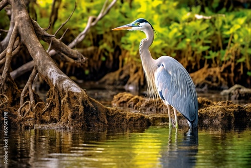 Heron camouflaged, poised for fish. Generative AI