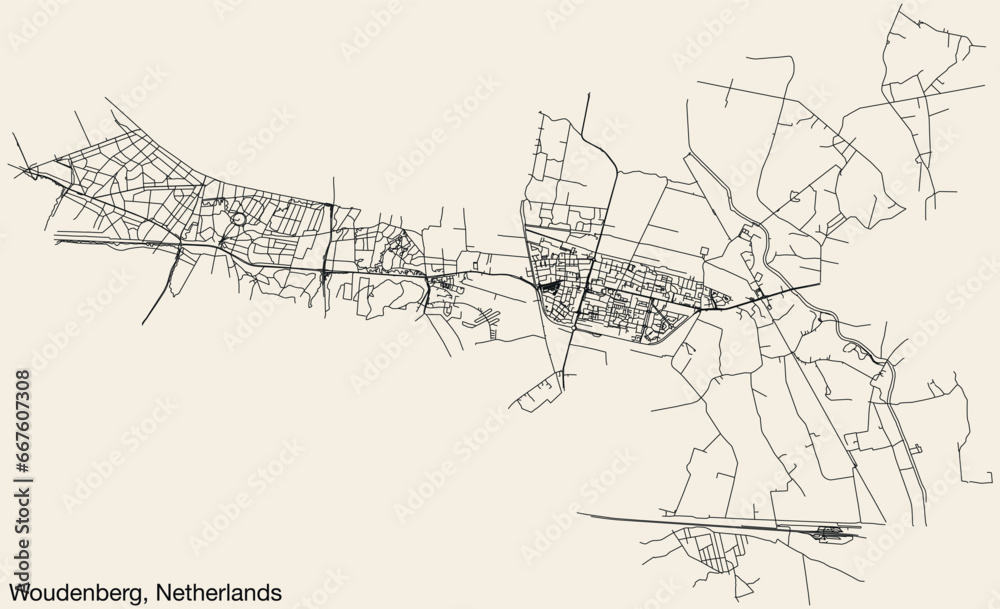 Detailed hand-drawn navigational urban street roads map of the Dutch city of WOUDENBERG, NETHERLANDS with solid road lines and name tag on vintage background