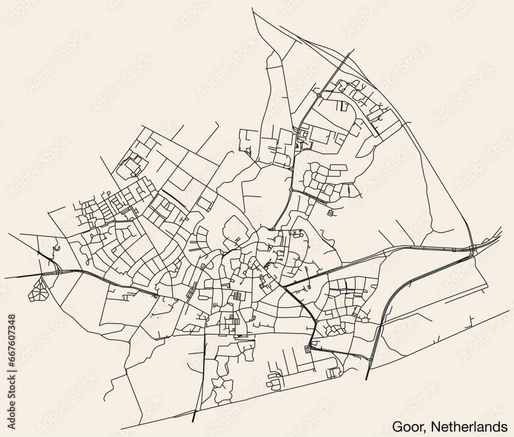Detailed hand-drawn navigational urban street roads map of the Dutch city of GOOR, NETHERLANDS with solid road lines and name tag on vintage background