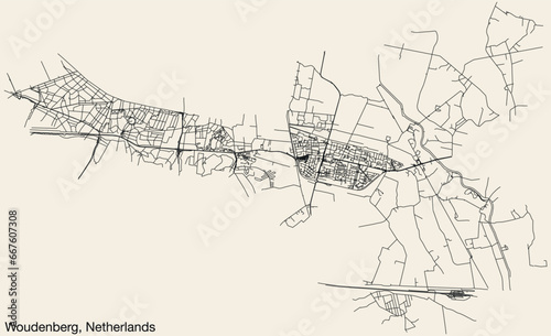 Detailed hand-drawn navigational urban street roads map of the Dutch city of WOUDENBERG, NETHERLANDS with solid road lines and name tag on vintage background