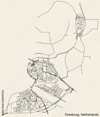 Detailed hand-drawn navigational urban street roads map of the Dutch city of DOESBURG  NETHERLANDS with solid road lines and name tag on vintage background