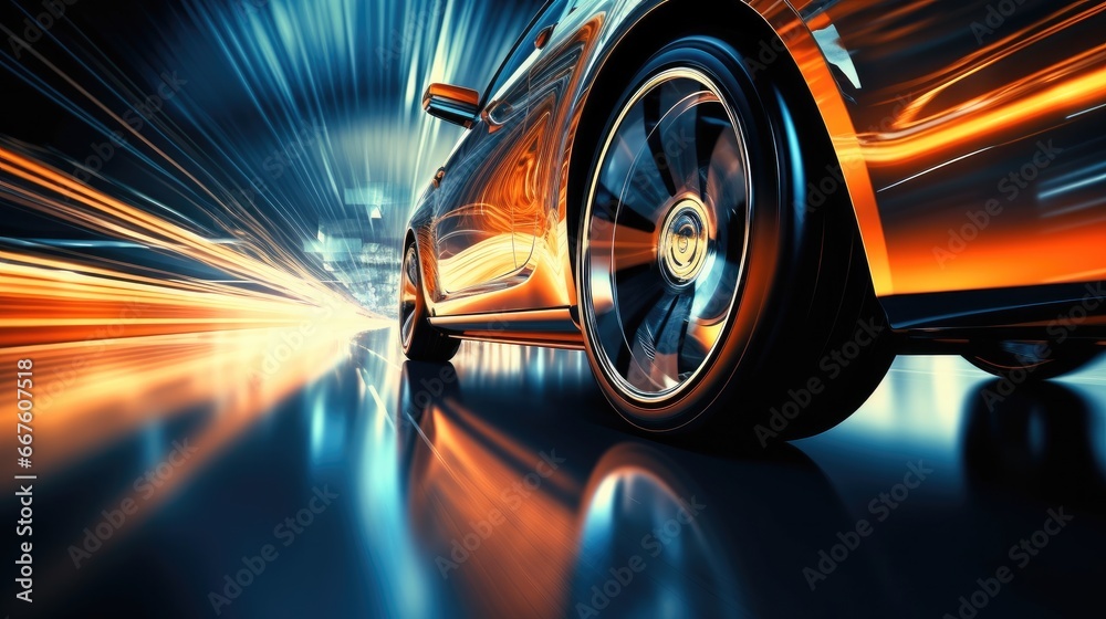 Close-up of wheel of fast sports car on road with neon light.