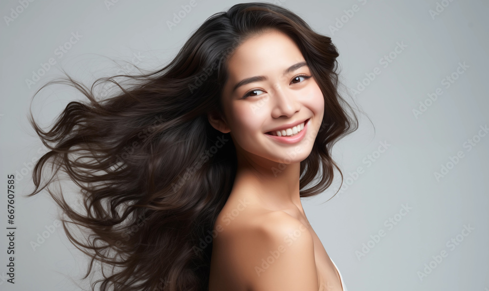 Portrait of a beautiful Asian woman with flowing black hair. Bright smile, shampoo advertising concept Hair conditioner and cosmetic products, Generation AI Portrait of a beautiful Asian woman with flowing black hair. Bright smile, shampoo advertising concept Hair conditioner and cosmetic products, Generation AI