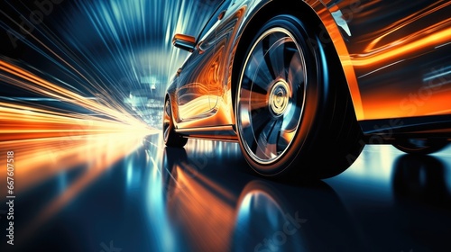 Close-up of wheel of fast sports car on road with neon light.