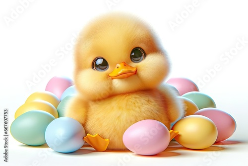 A plump, golden-yellow duckling, with shiny, expressive eyes, sits amidst a collection of glossy, pastel-colored Easter eggs. The soft white backdrop accentuates the duckling's vibrant hues.