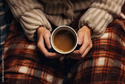 Hot coffee on cold winter morning, cup in hands of girl. Generative AI