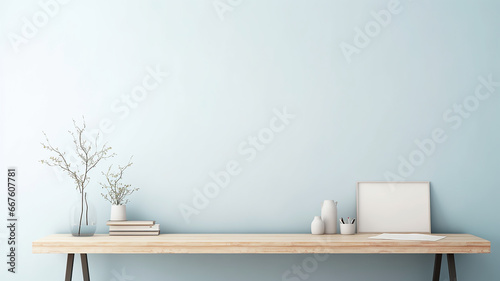 a table against a light wall, minimalistic interior background in scandi style photo