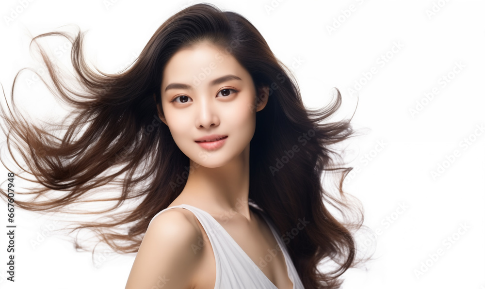 Portrait of a beautiful Asian woman with flowing black hair. Bright smile, shampoo advertising concept Hair conditioner and cosmetic products, Generation AI Portrait of a beautiful Asian woman with flowing black hair. Bright smile, shampoo advertising concept Hair conditioner and cosmetic products, Generation AI
