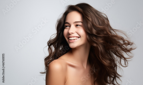 Portrait of a beautiful woman with flowing black hair. Bright smile, shampoo advertising concept Hair conditioner and cosmetic products, Generation AI