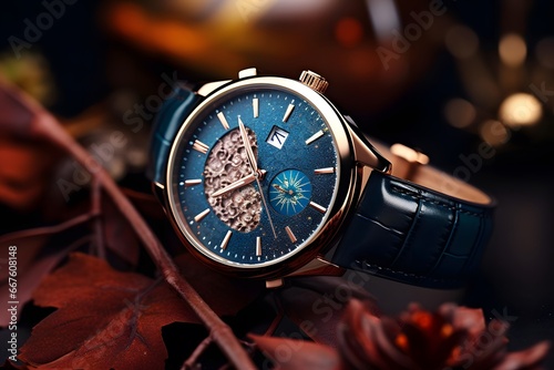 Wristwatch with blue dial on a dark background with dry leaves