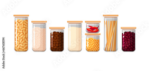 Kitchen food containers, glass jars with rice, beans, pasta, coffee grains and chilli peppers. Clear plastic jars with lid for bulk and cereals, vector cartoon illustration