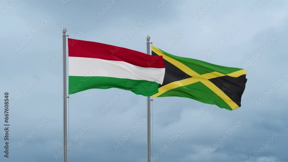 Jamaica and Hungary flag waving together on cloudy sky, endless seamless loop, two country cooperation concept Jamaica and Hungary flag waving together on cloudy sky, endless seamless loop, two country cooperation concept