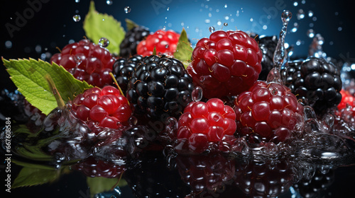 Group of Delicious Fresh Blackberries With Splashing Water on Dark Defocused Background
