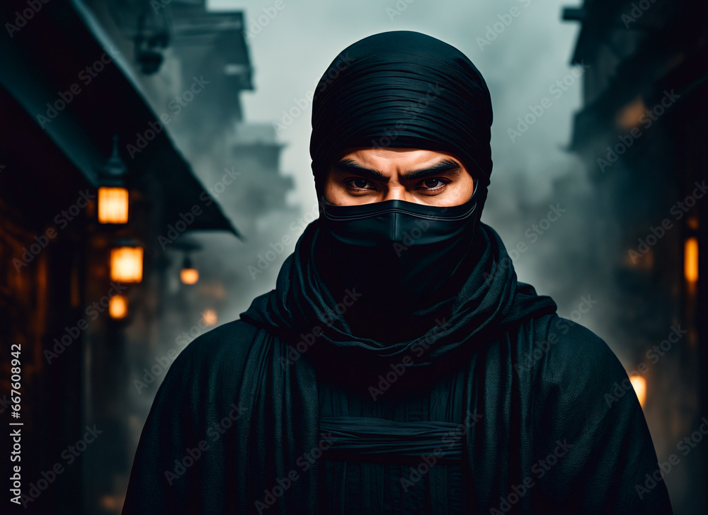 a male ninja with a black mask on his face covering his face.