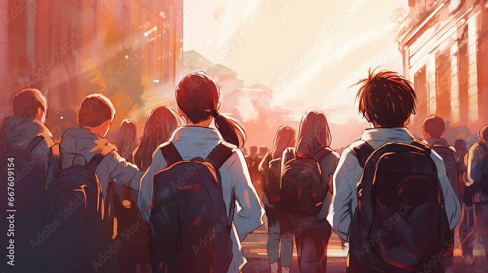 a row of children with backpacks view from the back against a white sky banner poster watercolor painting design back to school camp a row of children with backpacks view from the back against a white sky banner poster watercolor painting design back to school camp