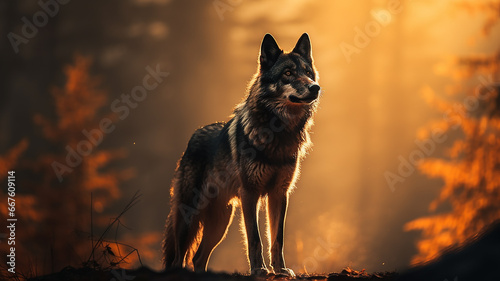 silhouette of a wolf in a misty autumn forest landscape view of wildlife