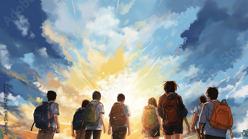 a row of children with backpacks view from the back against a white sky banner poster watercolor painting design back to school camp