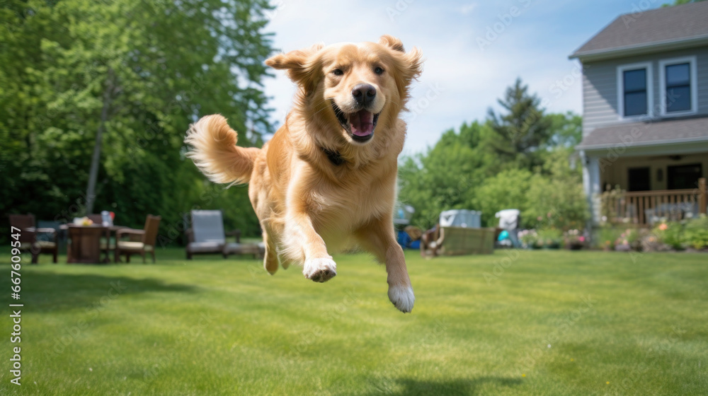 happy golden retriever jumping on the lawn at a sunny day happy golden retriever jumping on the lawn at a sunny day