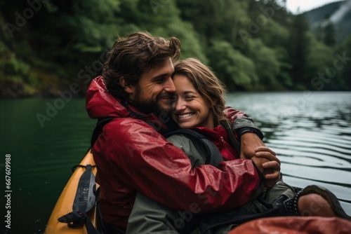 Happy in love couple on the lake traveling together around the world. Man and woman hugging and smiling with good vibes and feeling energetic of nature .  © Hope