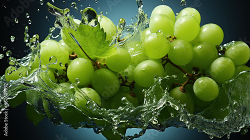 Group of Fresh Green Grapes in Water Splashing Defocused Background