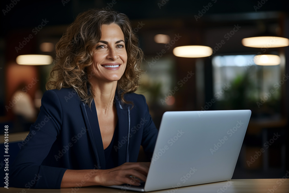 Smiling businesswomen behind a work desk. Women at work in a company. IA.
Smiling businesswomen behind a work desk. Women at work in a company. IA.