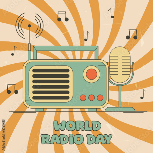 Vector illustration for world radio day. Retro radio. Illustration for posters  posters  websites  social networks  in a popular vintage style. Background with yellow rays.