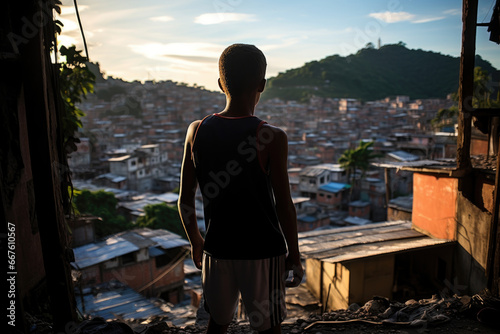 Slum. A boy looks at a panorama of poor slums. View from the back.