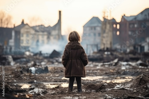 little lost girl among the ruins against the backdrop of a destroyed city. Smoking houses after the impact.