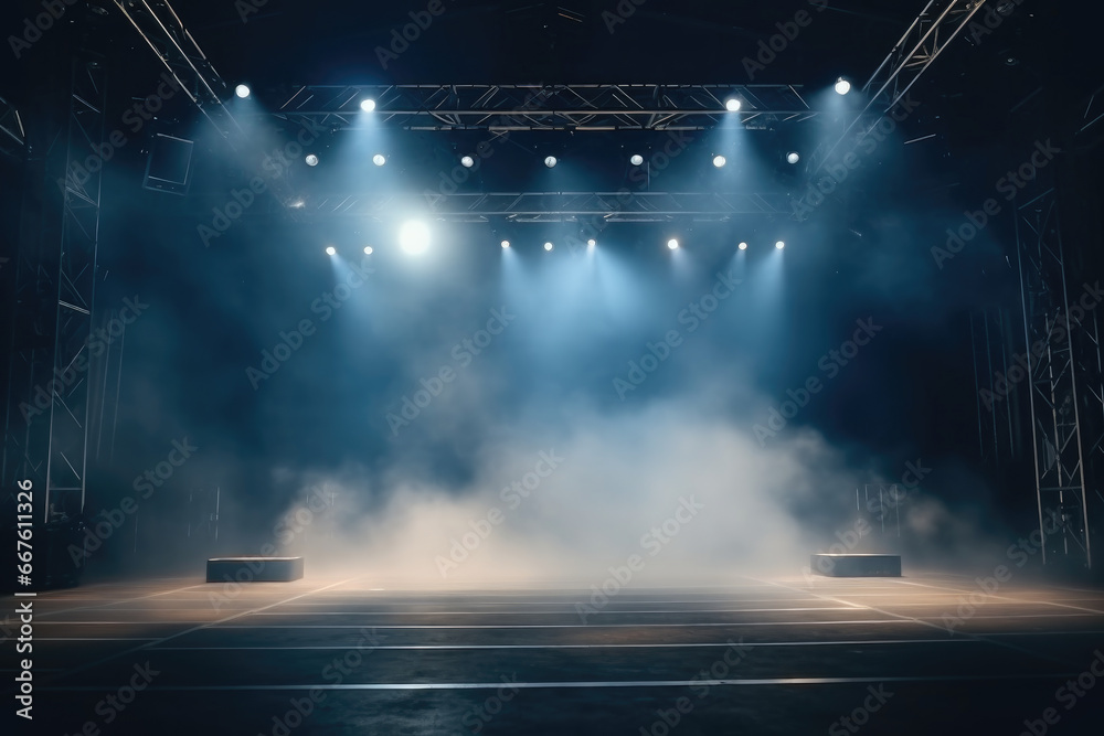 spotlights shining at empty concert stage. Smokes and light rays for product or event presentation