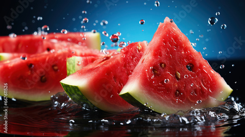 Group of Delicious Fresh Green Watermelon With Splashing Water on Dark Defocused Background