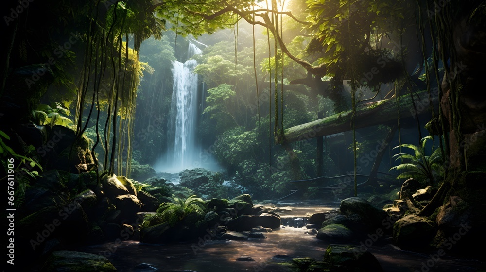 Beautiful waterfall in the forest. Panoramic photo of a waterfall in the forest.