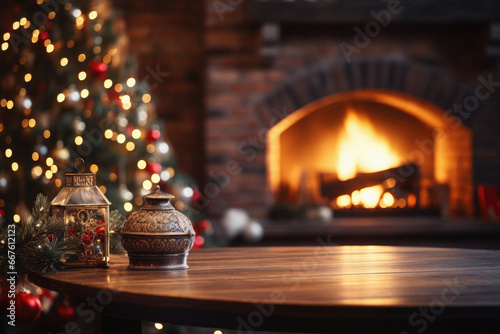 Wooden table in front of fireplace Christmas tree. Space for text.