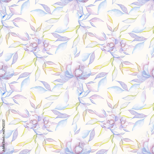 Delicate violet blooms and leaves form a seamless pattern, natural charm. Еlegance to stationery, fabric, and digital backgrounds.Perfect for creating a calming, nature-inspired atmosphere in designs.