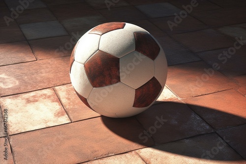 3D-rendered depiction of a soccer ball on the ground with a shadow. Generative AI