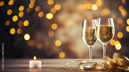 AI generated illustration of glasses of sparkling champagne against a bokeh background