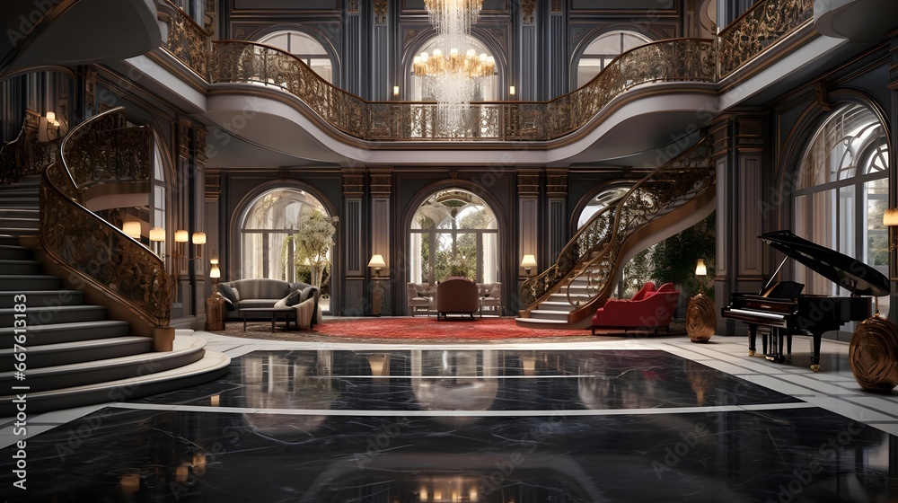 3d render of a luxury hotel lobby interior with stairs and piano