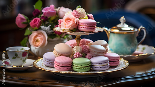 Assorted macarons, French cookie, vintage dishes.