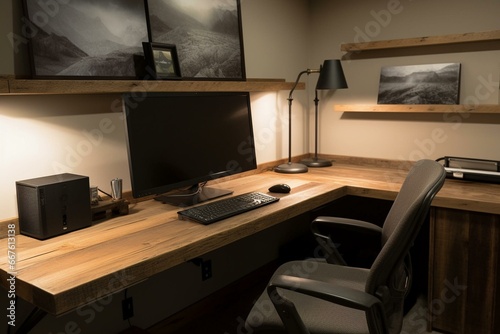 Comfortable modern workspace with laptop display and ample tabletop space. Generative AI