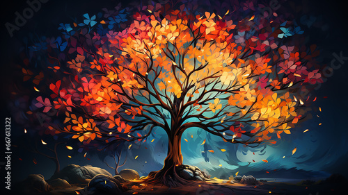 multicolored autumn tree is a symbol of nature on an unusual background computer graphics logo © kichigin19