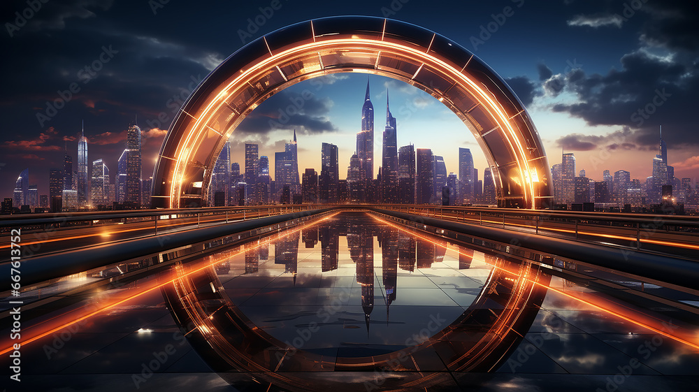 round neon arch portal with a view of the panorama of the modern city cityline skyscrapers, podium presentation round neon arch portal with a view of the panorama of the modern city cityline skyscrapers, podium presentation