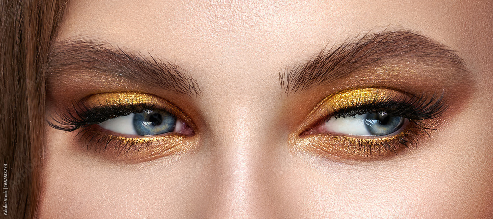 Obraz premium Beautiful female eyes with long eyelashes. Eyelash extensions. Makeup, cosmetics, beauty. Close up, macro