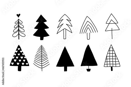 Christmas tree black and white symbols. Fir tree line drawing, vector icon. Holiday design elements are isolated on white. Simple shape conceptfor winter season cards, New Year party posters photo