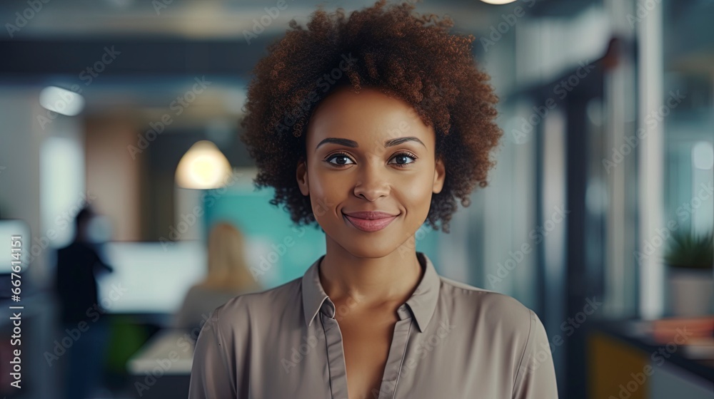 Portrait of beautiful professional African American businesswoman looking at camera with a out of focus office in the background. Modern corporate office workplace scene.